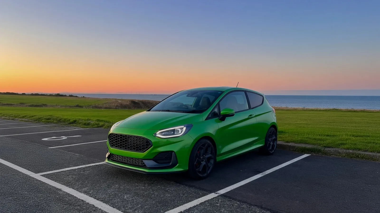 Ford Fiesta ST 2022 verde aparcado junto al mar al atardecer
