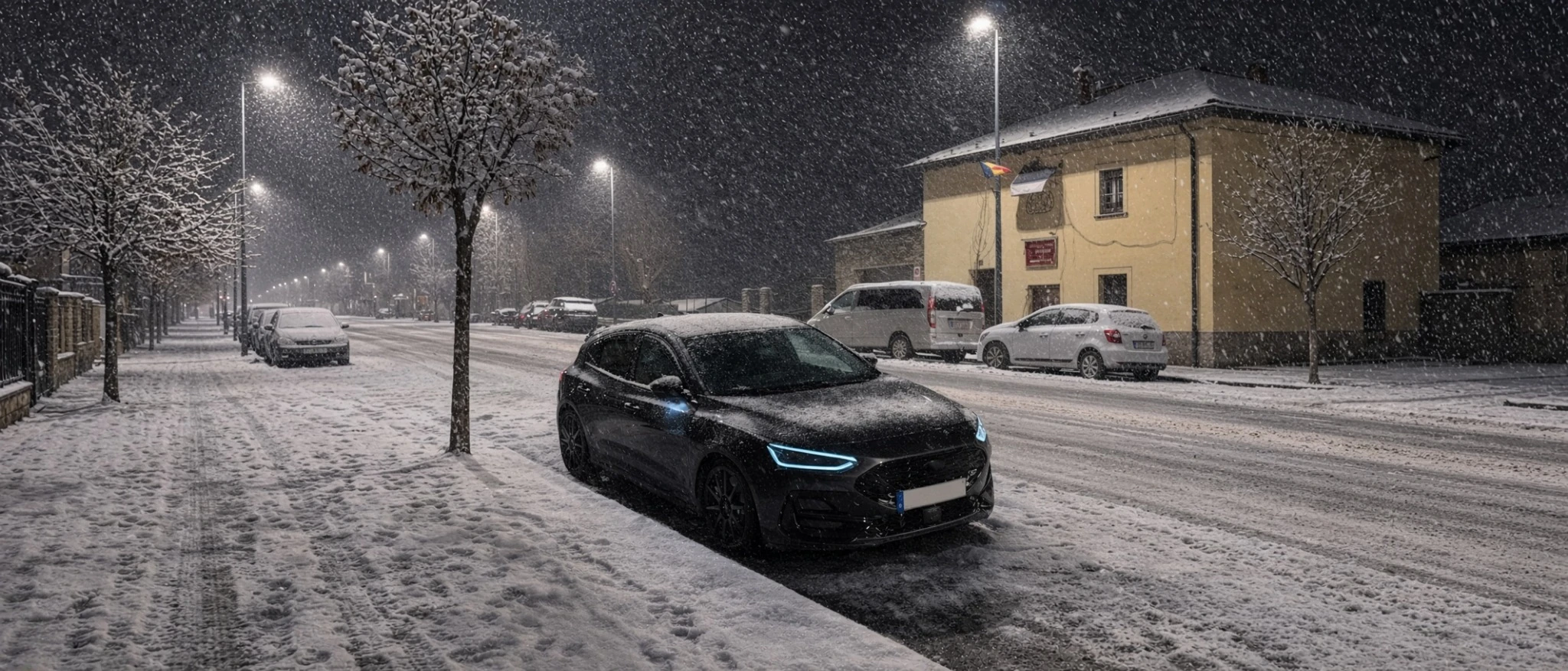 Ford Focus ST Mk4 de noche en un entorno nevado