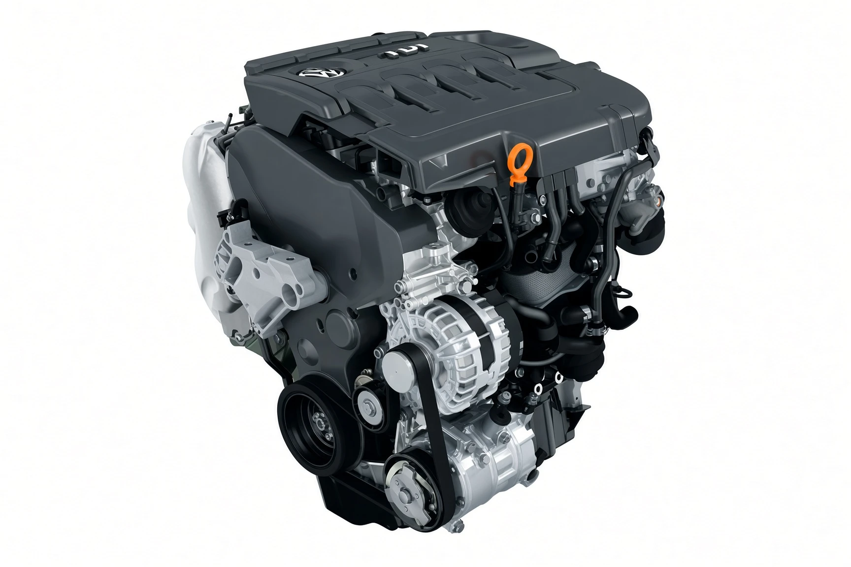 Motor 2.0 TDI del Volkswagen Golf GTD con la tapa del motor y el anillo naranja de la varilla del aceite