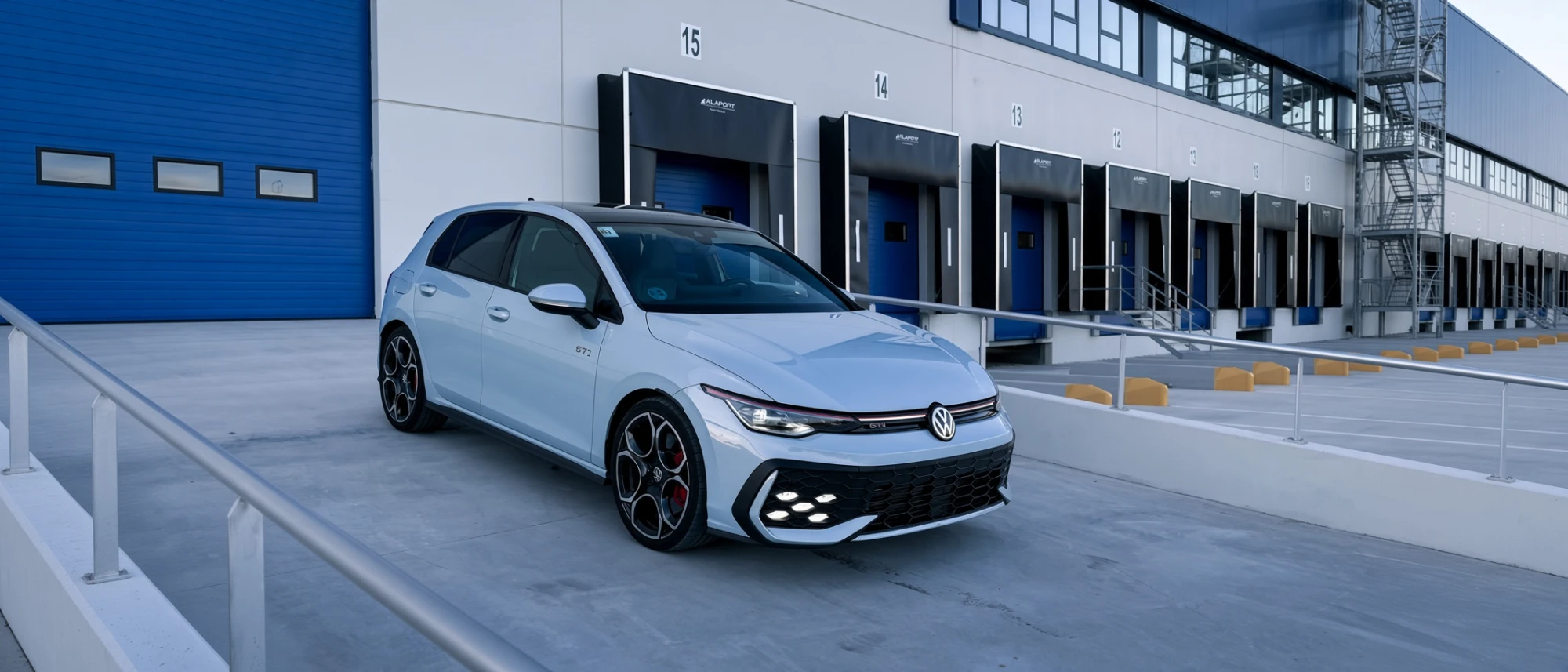 Golf GTI Mk8 245 CV aparcado en un muelle de carga con las luces encendidas